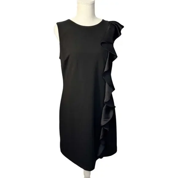 White House Black Market Black Ruffle Sheath Dress Medium Petite MP Cocktail LBD - Picture 2 of 16